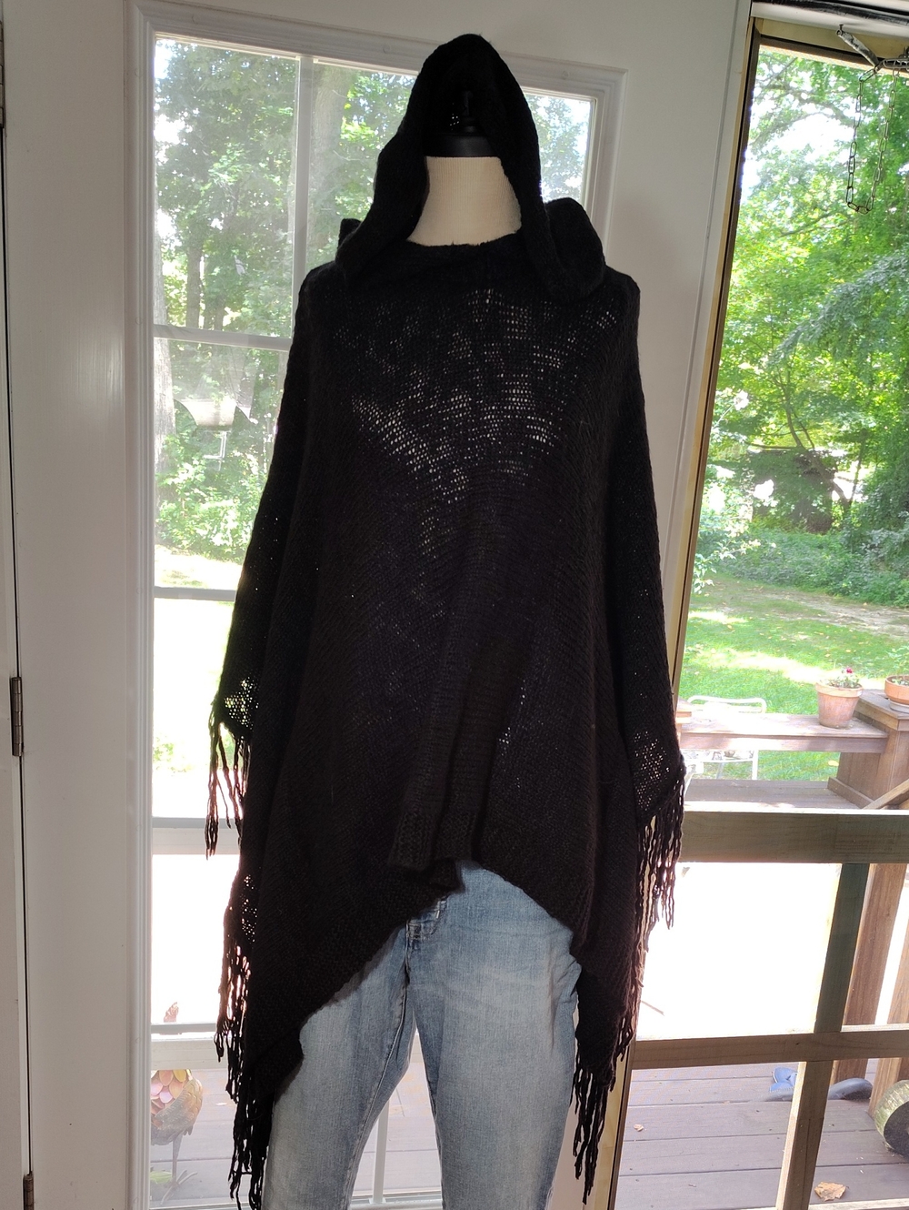 Lauren Ralph Lauren Black Hooded Fringe Poncho
